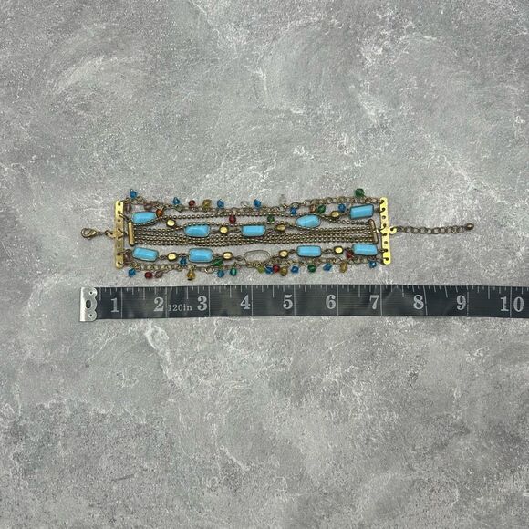 Vintage Brass Gold Tone Blue Beaded Rhinestones Chain Bracelet - Picture 12 of 14